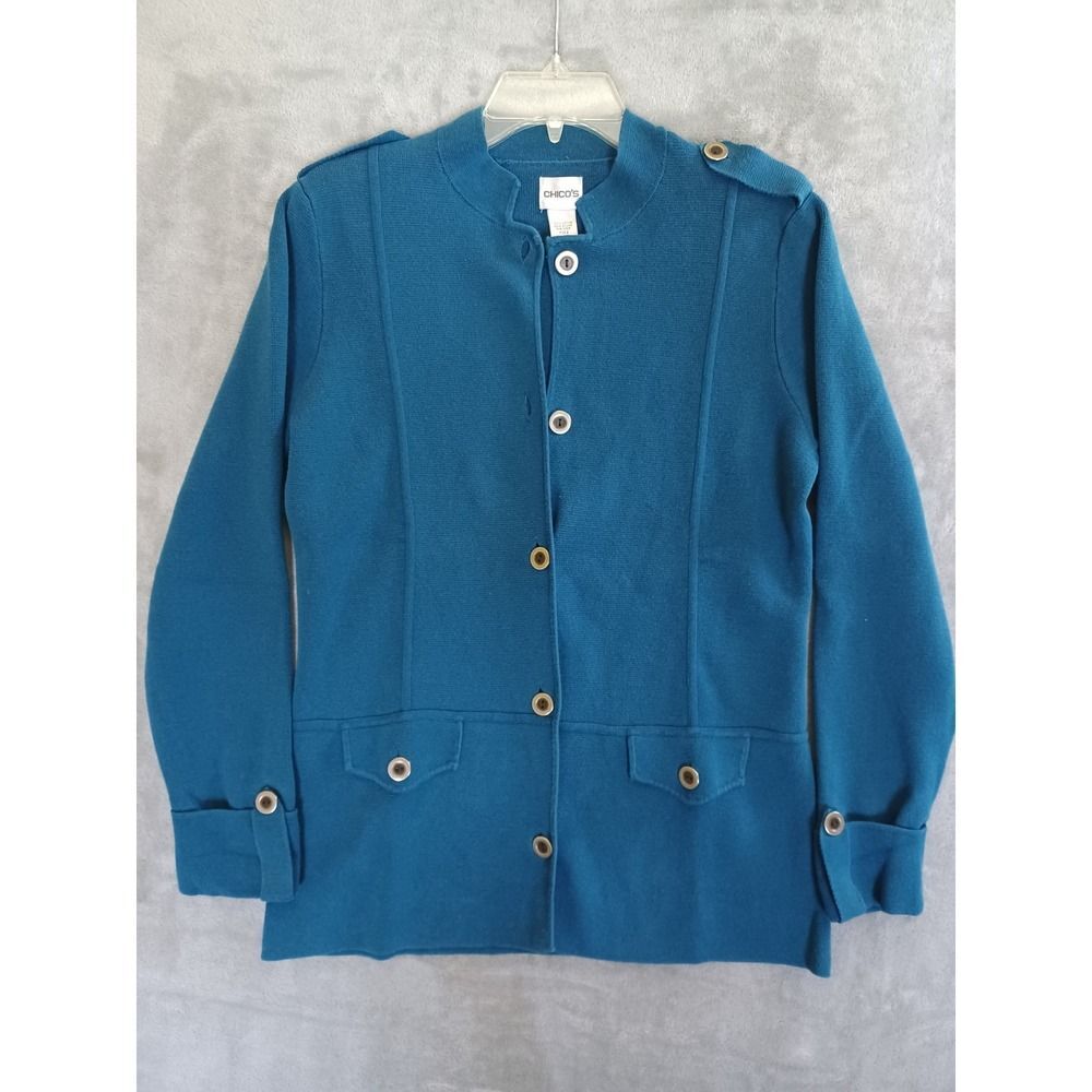 Chicos‎ Sz 2 Lg Cardigan Jacket Knit Military Button Cotton Blue Stretch Office - Picture 10 of 10